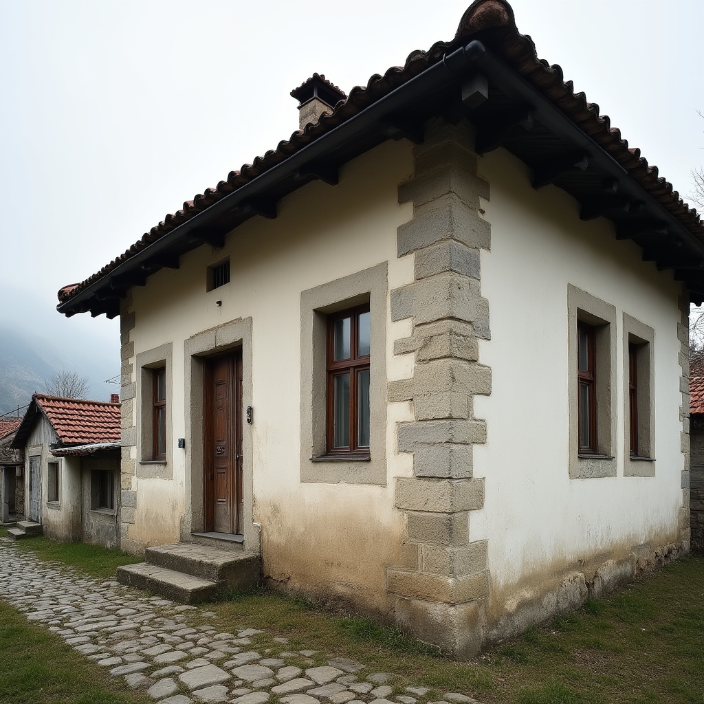 Fațada unei case tradiționale vechi din zona Brașov cu ferestre din lemn