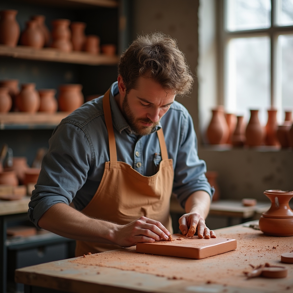 Meșter lucrând manual o cahlă de teracotă în atelier