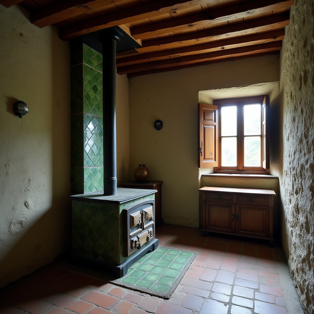 Colț de cameră cu sobă de teracotă veche într-o casă săsească din zona Sibiu