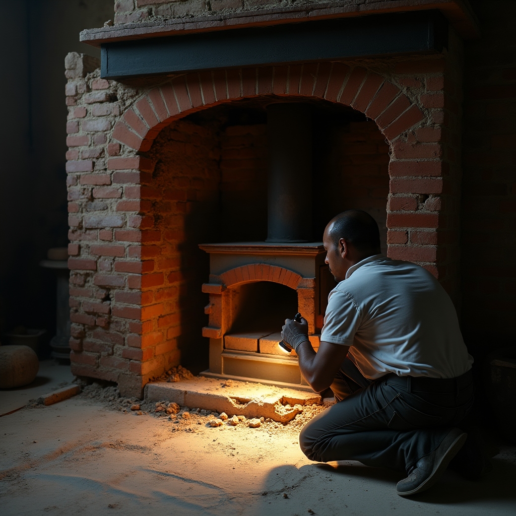Interior de sobă de teracotă în timpul lucrărilor de refacere a structurii